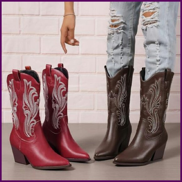 Women's Western Cowboy Boots Mid Calf Embroidered Pointed Toe Chunky Heel - Picture 3 of 8